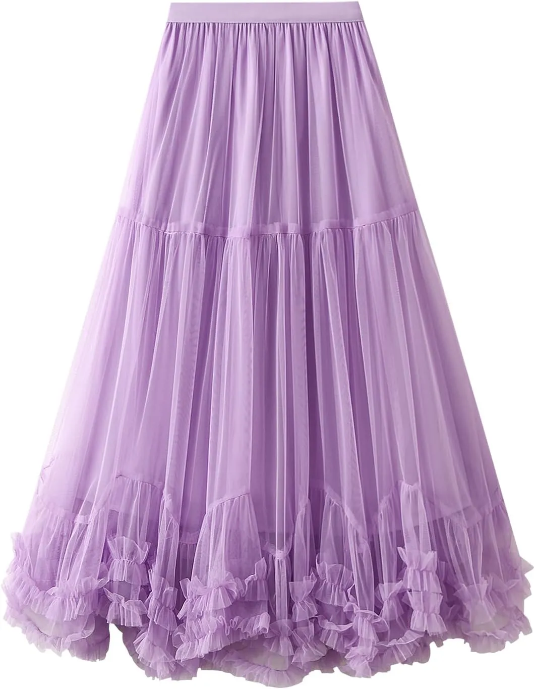 Women Tutu Tulle Skirt Elastic High Waist Layered Skirt Floral Print Mesh A-Line Midi Skirt