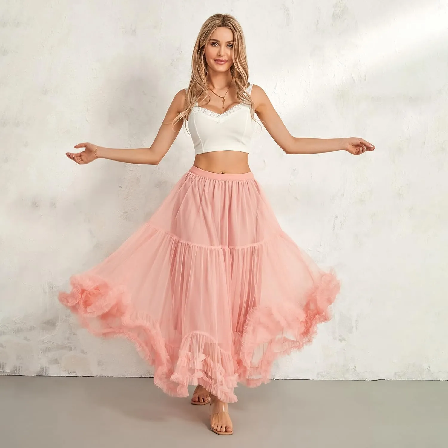 Women Tutu Tulle Skirt Elastic High Waist Layered Skirt Floral Print Mesh A-Line Midi Skirt