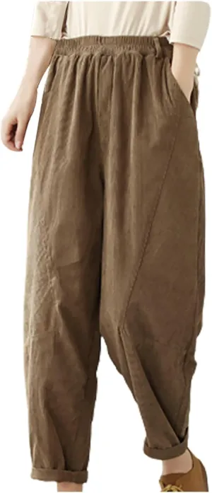 Women Vintage Corduroy Pants Elastic High Waist Straight Leg Trousers Winter Warm Lounge Loose Work Pants with Pockets