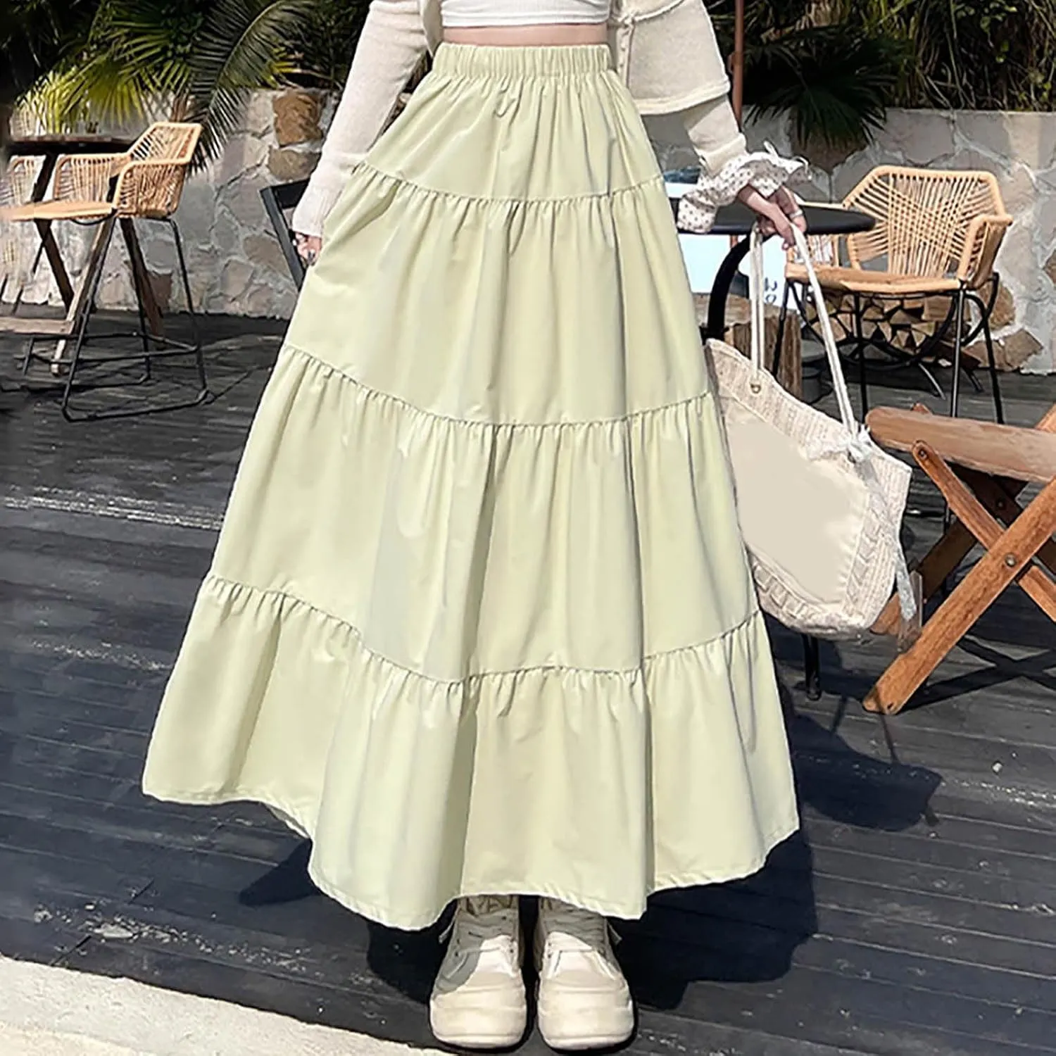 Women's 2025 Summer Boho Skirt Elastic High Waist Pleated A-Line Flowy Ruffle Swing Tiered Long Vacation Beach Skirt