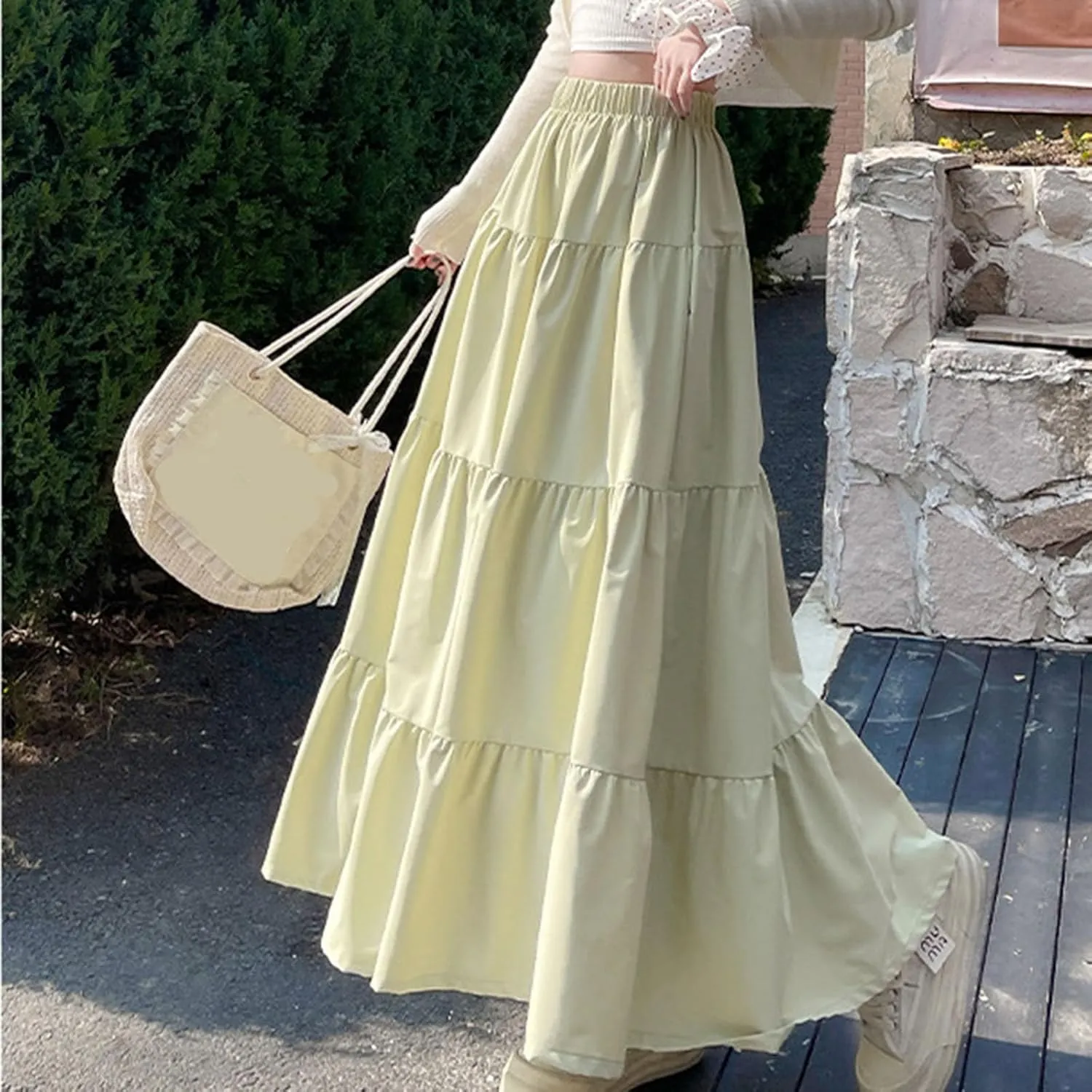 Women's 2025 Summer Boho Skirt Elastic High Waist Pleated A-Line Flowy Ruffle Swing Tiered Long Vacation Beach Skirt