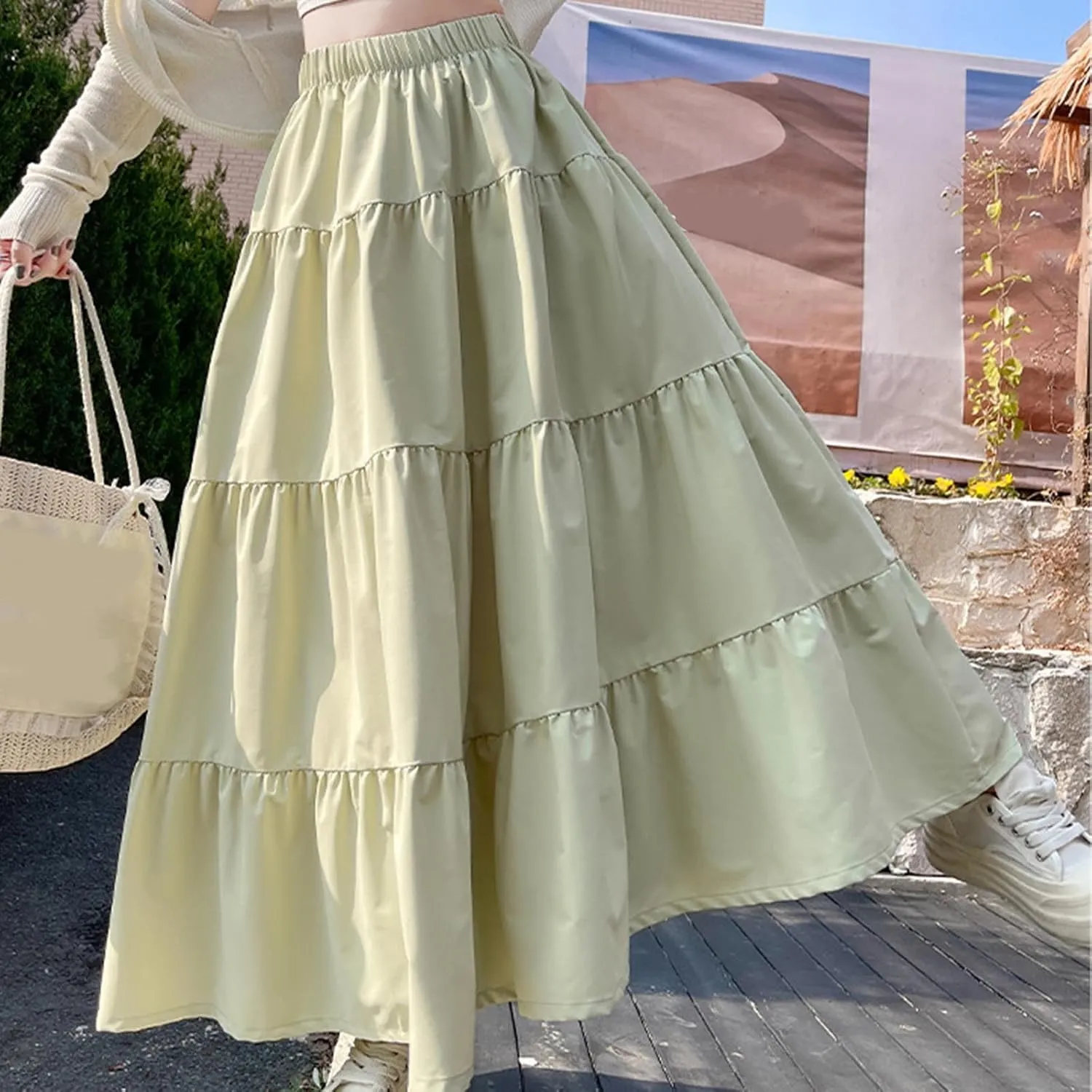Women's 2025 Summer Boho Skirt Elastic High Waist Pleated A-Line Flowy Ruffle Swing Tiered Long Vacation Beach Skirt