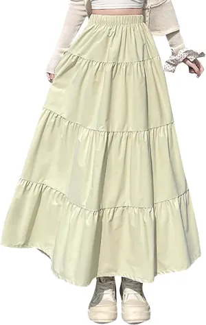 Women's 2025 Summer Boho Skirt Elastic High Waist Pleated A-Line Flowy Ruffle Swing Tiered Long Vacation Beach Skirt