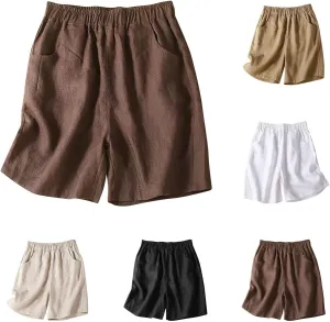 Women's Bermuda Shorts Cotton Linen Casual Lightweight Loose Summer Elastic High Waisted Beach Short with Pockets