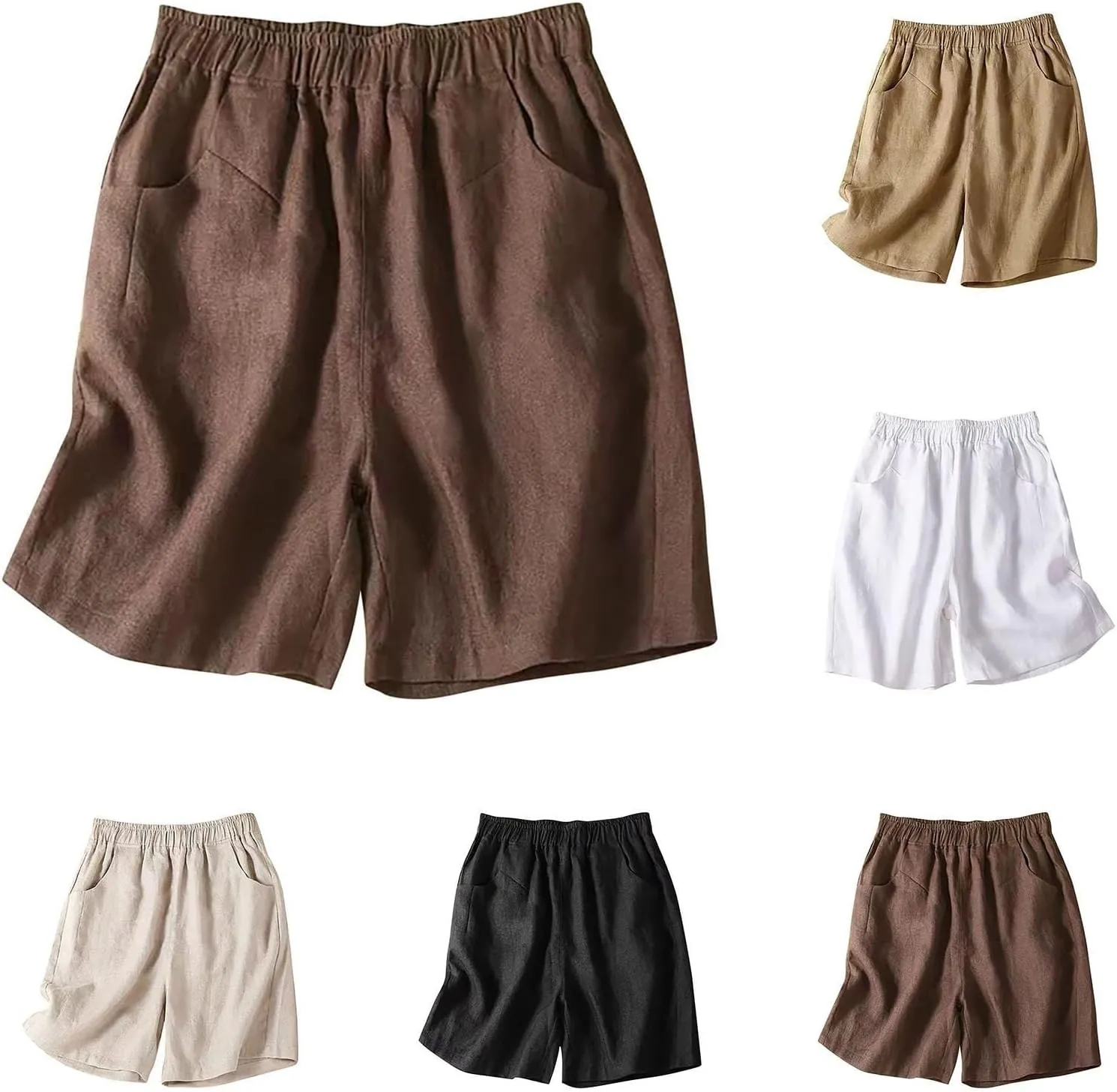 Women's Bermuda Shorts Cotton Linen Casual Lightweight Loose Summer Elastic High Waisted Beach Short with Pockets