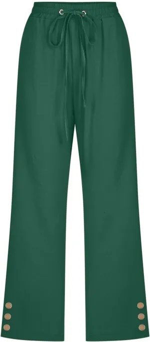 Womens Capris Pants High Waist Drawstring Comfy Casual Pants Lightweight Loose Trousers Buttons Trim with Pockets