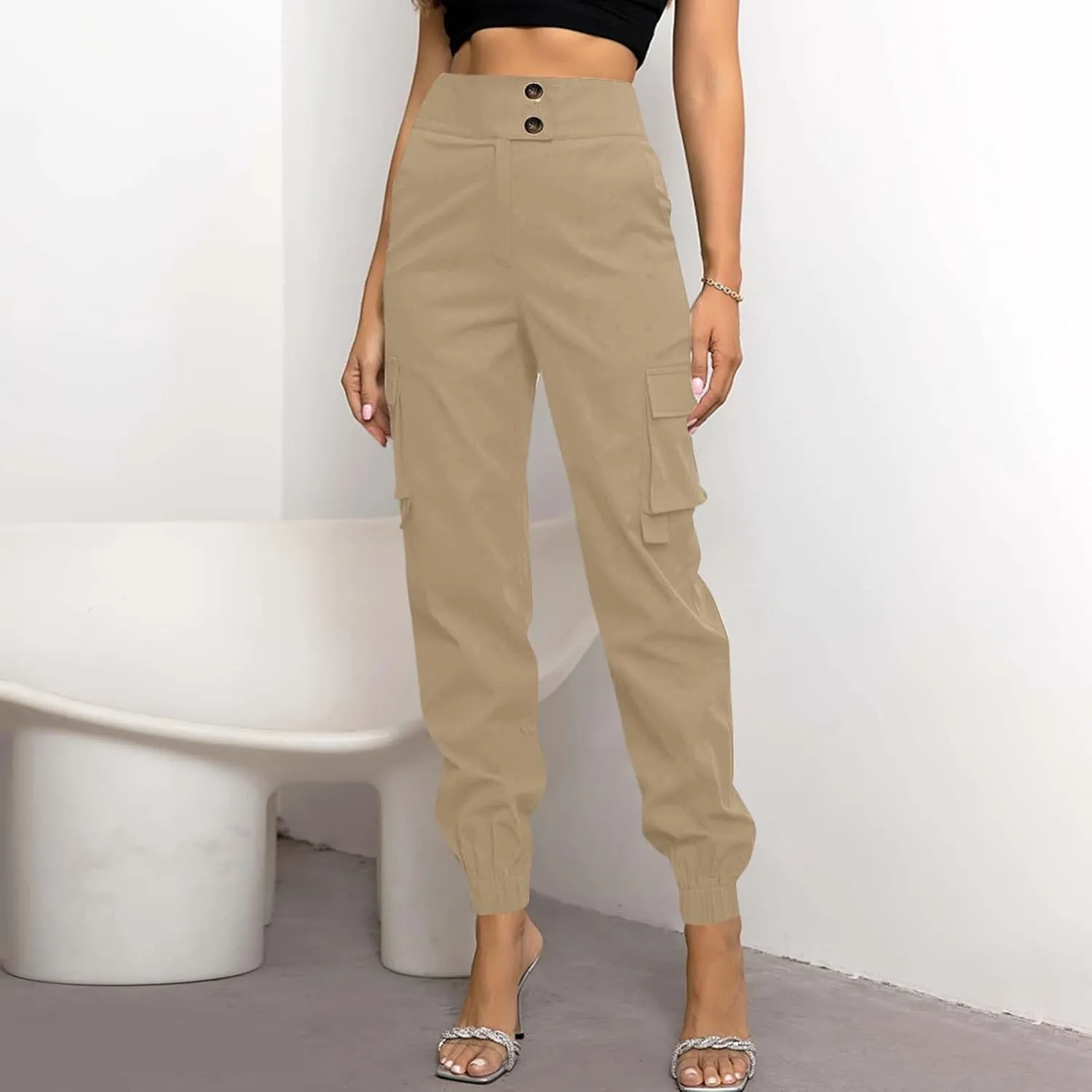 Women's Cargo Jogger Pants with Pockets Casual Button High Waist Slim Fit Workout Athletic Hiking Tapered Trousers