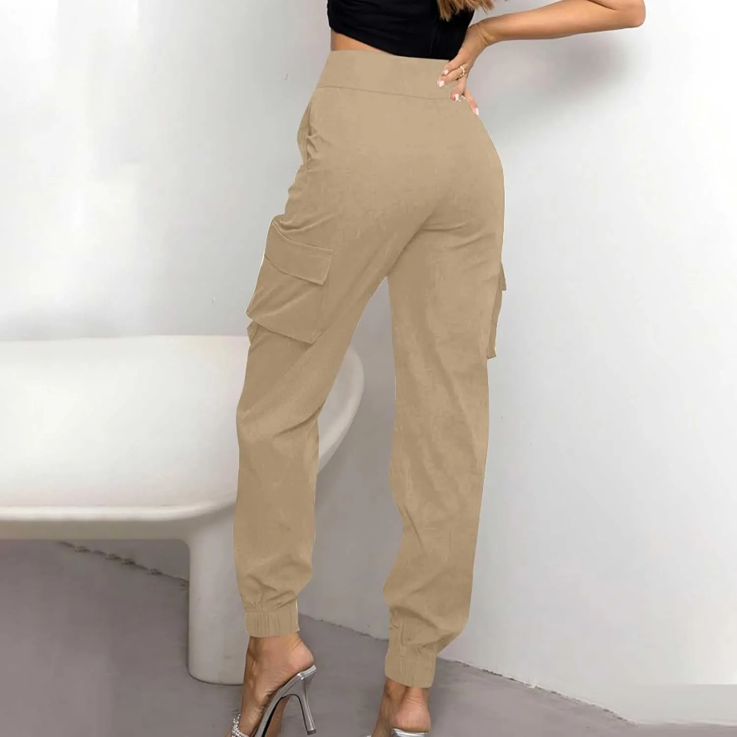 Women's Cargo Jogger Pants with Pockets Casual Button High Waist Slim Fit Workout Athletic Hiking Tapered Trousers