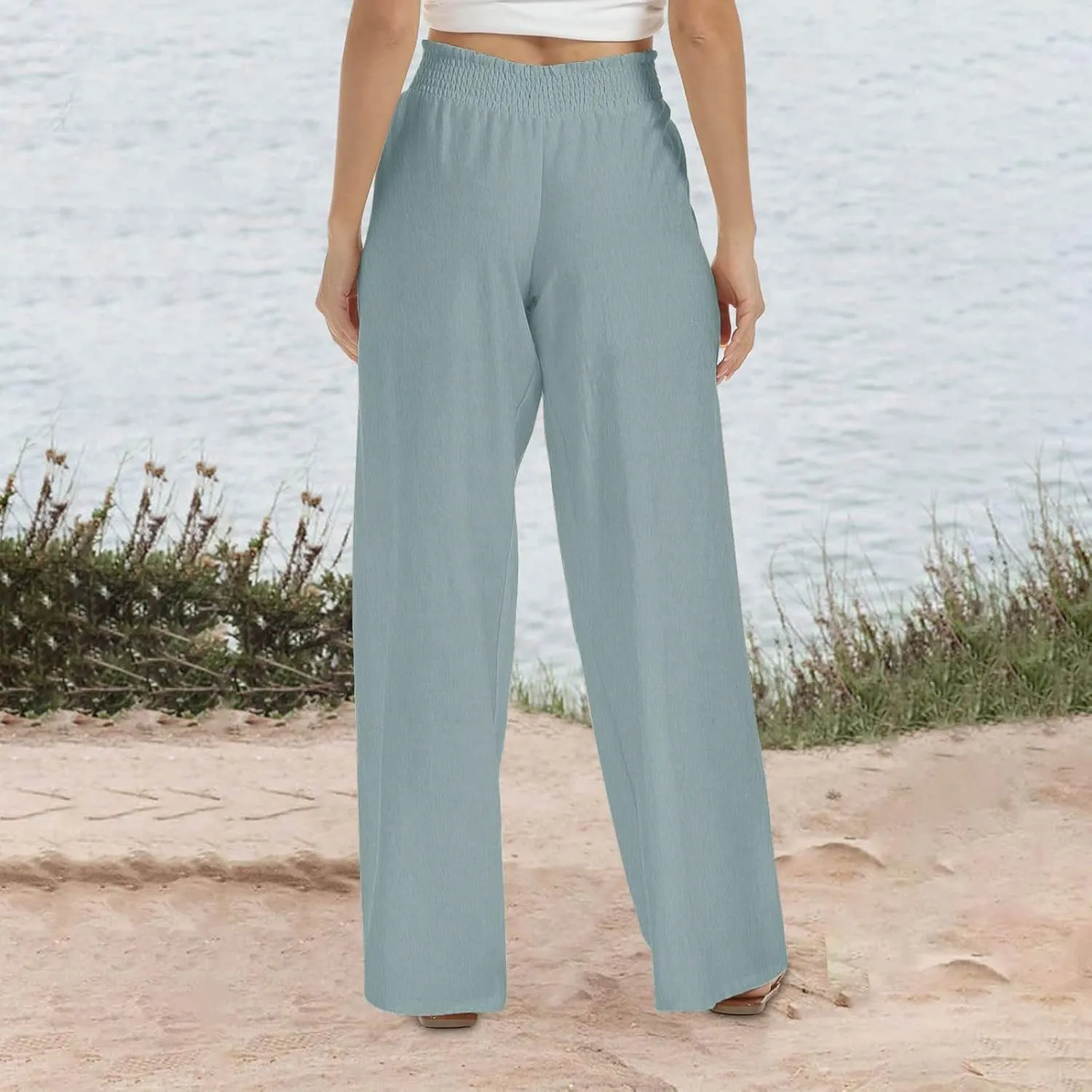 Women's Casual Loose Pants Wide Leg Elastic High Waisted Straight Leg Linen Pants Solid Color Running Workout Trouser