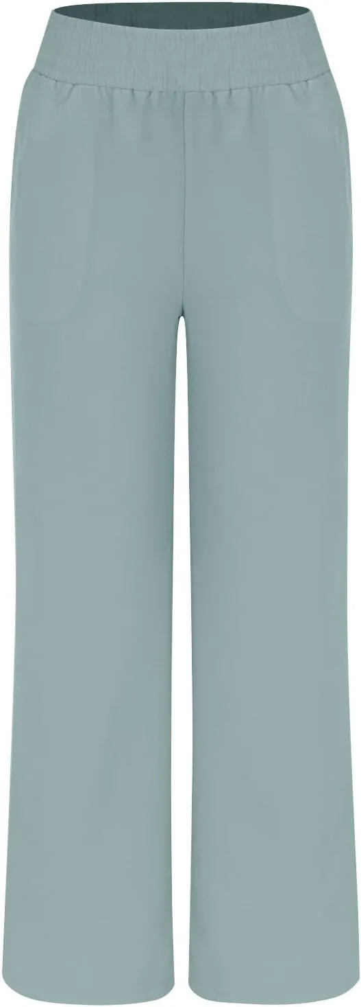 Women's Casual Loose Pants Wide Leg Elastic High Waisted Straight Leg Linen Pants Solid Color Running Workout Trouser