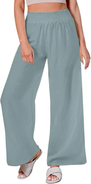 Women's Casual Loose Pants Wide Leg Elastic High Waisted Straight Leg Linen Pants Solid Color Running Workout Trouser