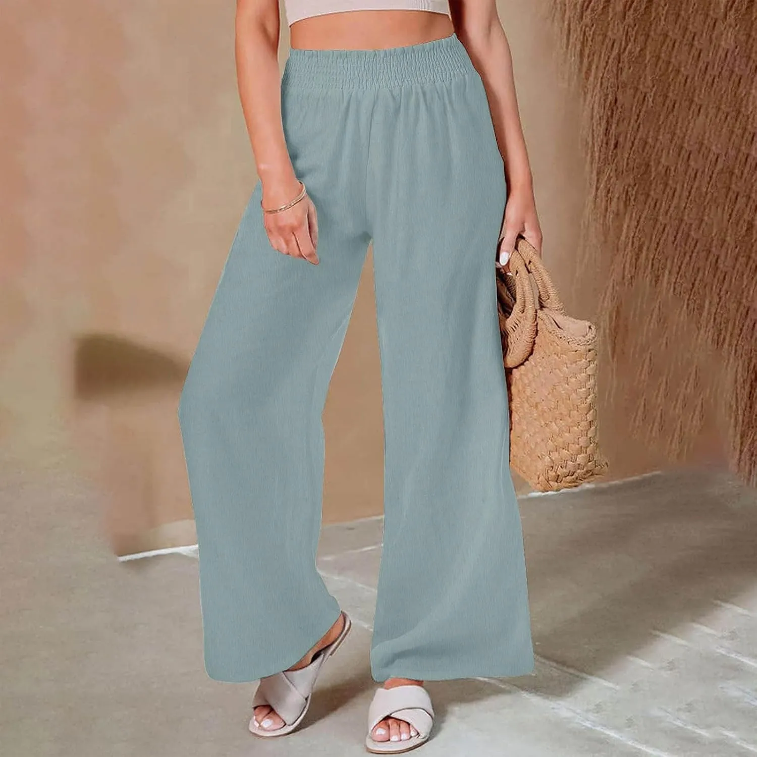 Women's Casual Loose Pants Wide Leg Elastic High Waisted Straight Leg Linen Pants Solid Color Running Workout Trouser