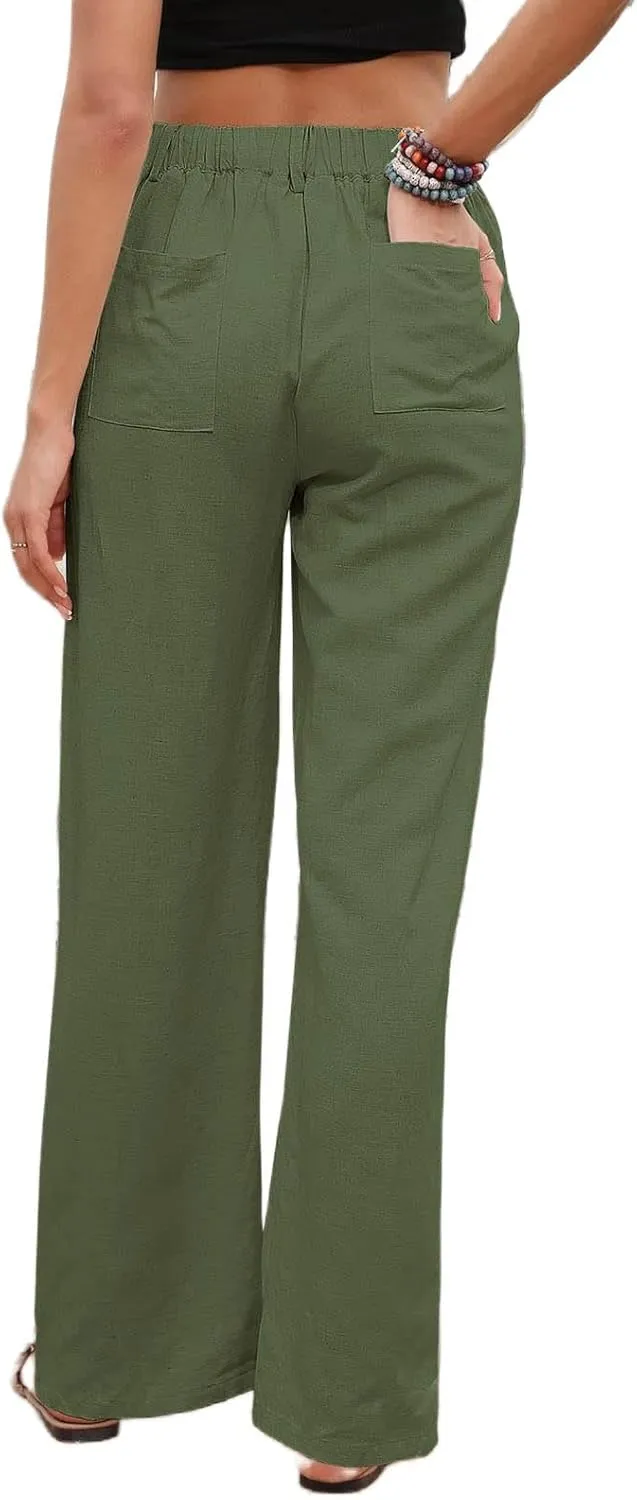 Womens Casual Wide Leg Pants Linen Straight Leg High Waisted Button Down Long Trousers Loose Palazzo Trousers Pockets