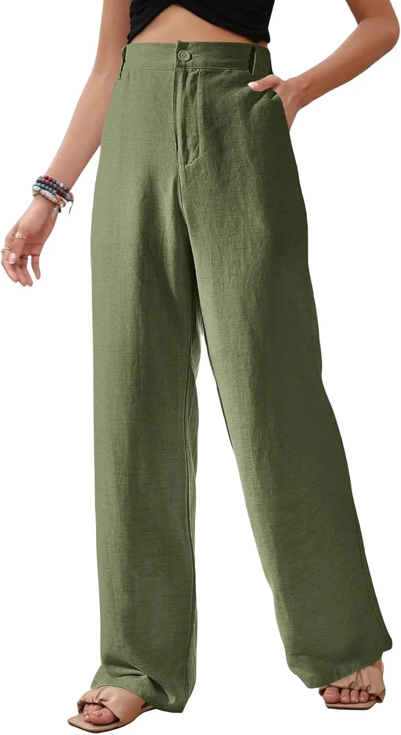 Womens Casual Wide Leg Pants Linen Straight Leg High Waisted Button Down Long Trousers Loose Palazzo Trousers Pockets