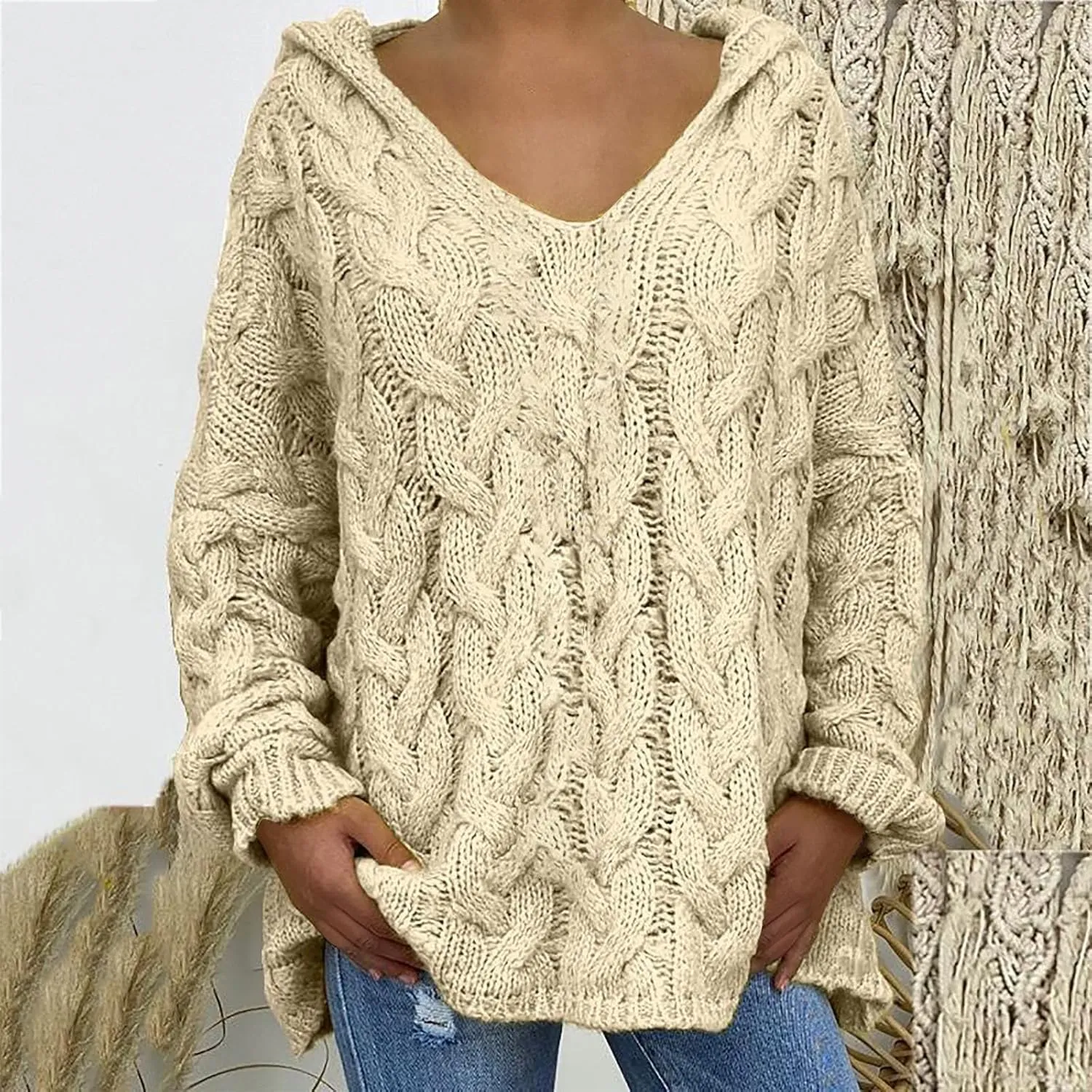 Women's Chunky Cable Knit V Neck Sweaters Fashion Hoodies Loose Casual Solid Long Sleeve Hooded Pullover Jumper Top