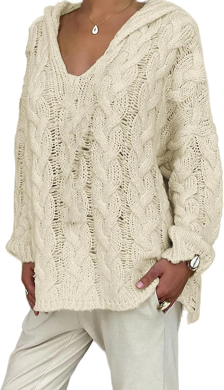 Women's Chunky Cable Knit V Neck Sweaters Fashion Hoodies Loose Casual Solid Long Sleeve Hooded Pullover Jumper Top