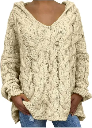 Women's Chunky Cable Knit V Neck Sweaters Fashion Hoodies Loose Casual Solid Long Sleeve Hooded Pullover Jumper Top