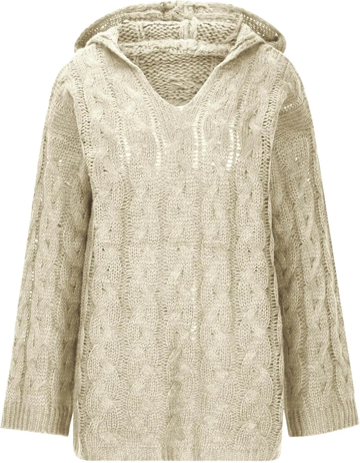 Women's Chunky Cable Knit V Neck Sweaters Fashion Hoodies Loose Casual Solid Long Sleeve Hooded Pullover Jumper Top