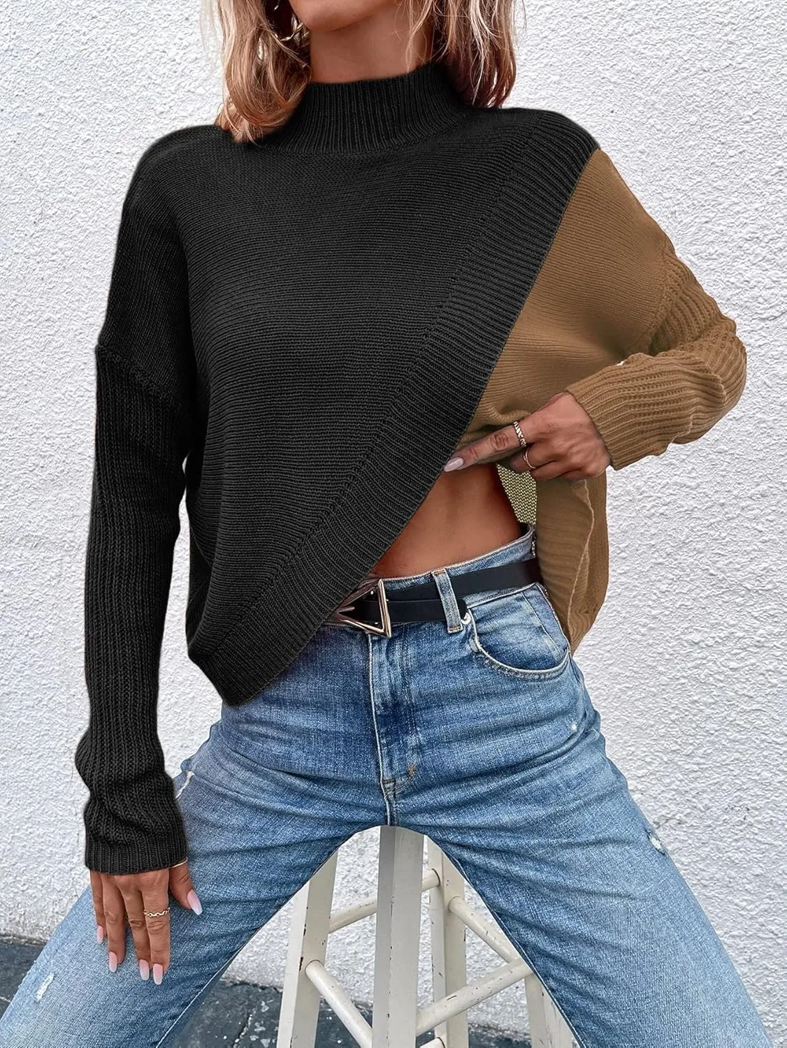 Women's Color Block Mock Neck Wrap Sweaters Asymmetrical Long Sleeve Pullover Knit Tops