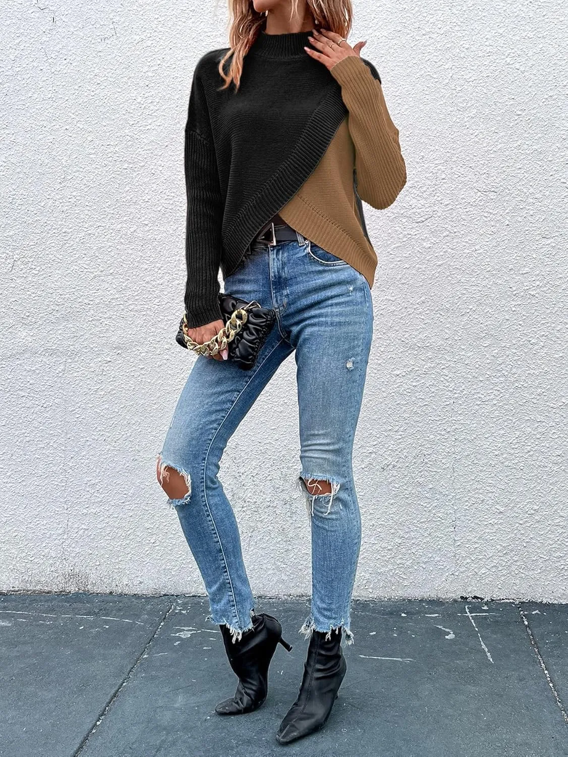 Women's Color Block Mock Neck Wrap Sweaters Asymmetrical Long Sleeve Pullover Knit Tops