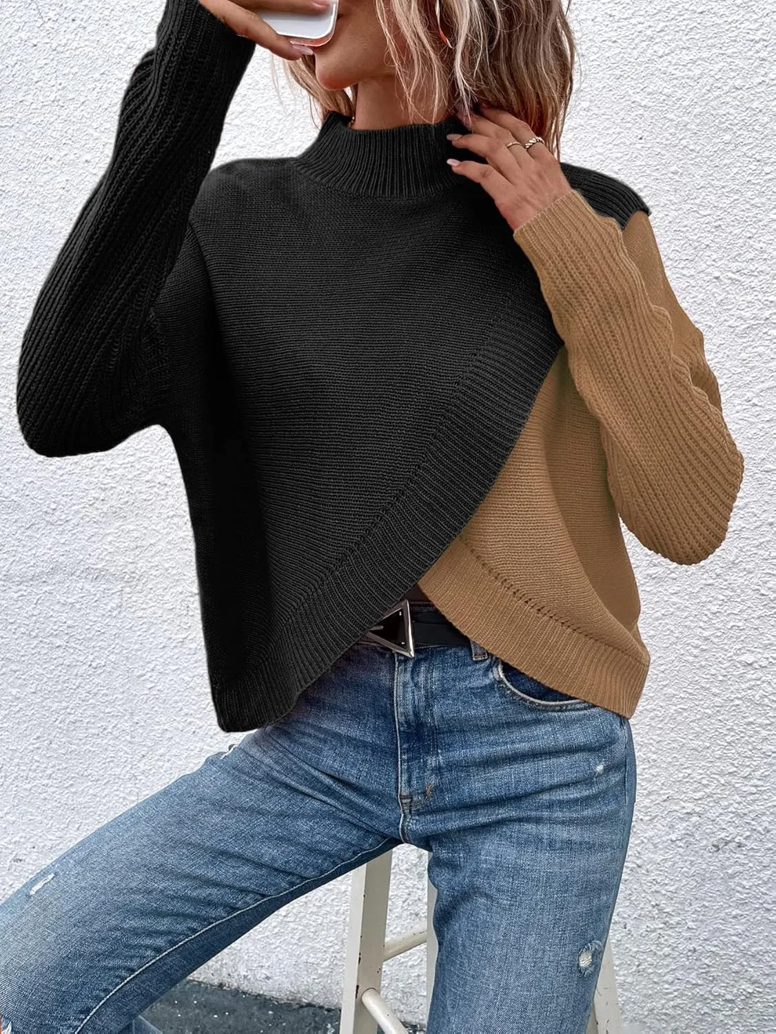 Women's Color Block Mock Neck Wrap Sweaters Asymmetrical Long Sleeve Pullover Knit Tops