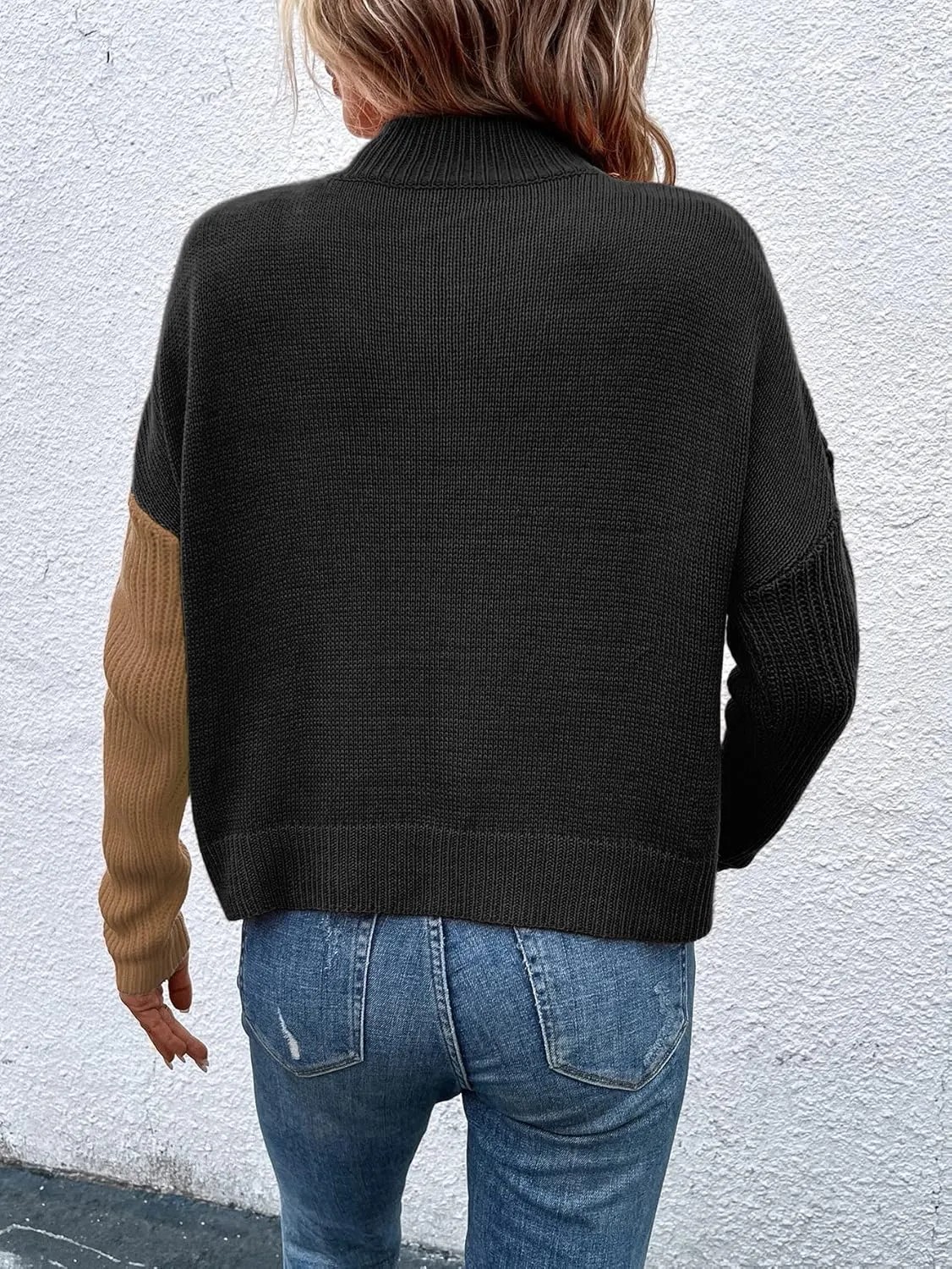 Women's Color Block Mock Neck Wrap Sweaters Asymmetrical Long Sleeve Pullover Knit Tops