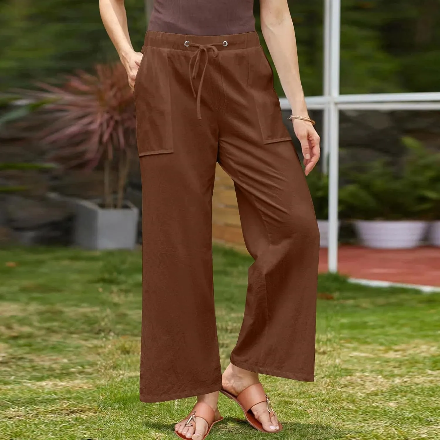 Women's Cotton Linen Pant Vintage Straight Wide Leg Summer Boho Trousers with Pockets Lightweight High Waisted Slacks