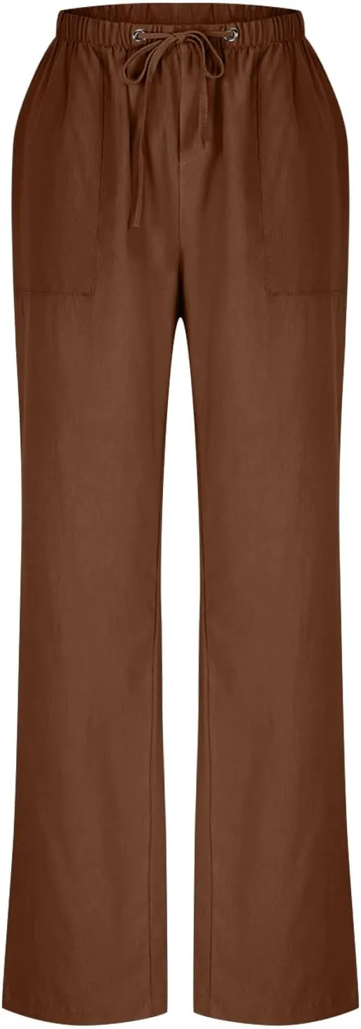 Women's Cotton Linen Pant Vintage Straight Wide Leg Summer Boho Trousers with Pockets Lightweight High Waisted Slacks