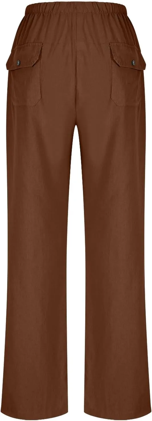 Women's Cotton Linen Pant Vintage Straight Wide Leg Summer Boho Trousers with Pockets Lightweight High Waisted Slacks