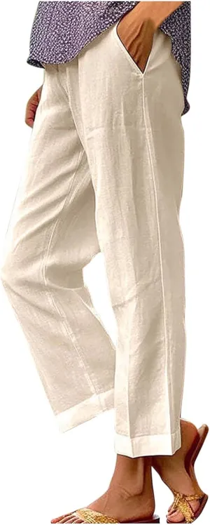 Womens Cotton Linen Pants Dressy Casual 2024 Lightweight Straight Leg Lounge Pant Beach Palazzo Trousers