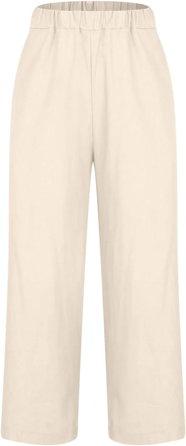 Womens Cotton Linen Pants Dressy Casual 2024 Lightweight Straight Leg Lounge Pant Beach Palazzo Trousers