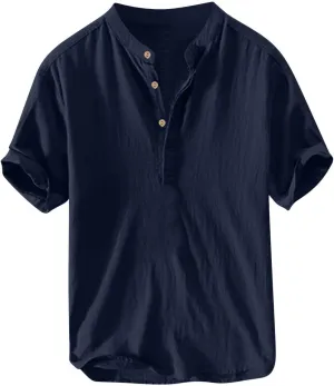 Womens Cotton Linen Shirts Henley Tops Short Sleeve Casual T-Shirt V Neck Button Solid Lightweight Beach Tunic Blouse