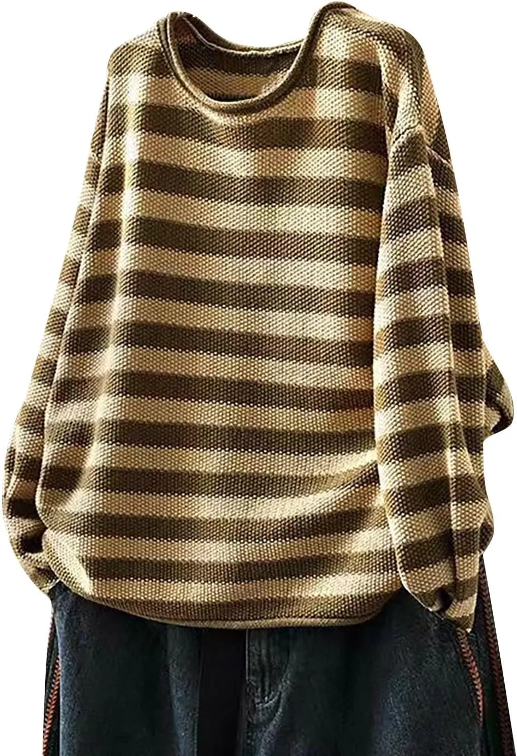 Womens Cotton Striped Sweaters Loose Long Sleeve Round Neck Fit Knit Cozy Pullover Color Block Oversized Fall Tops
