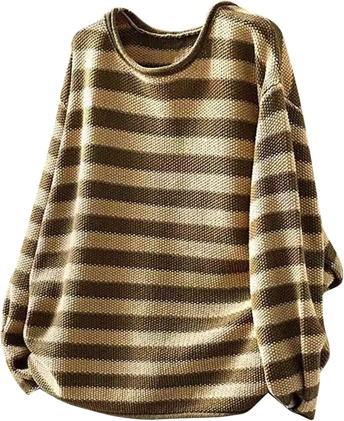 Womens Cotton Striped Sweaters Loose Long Sleeve Round Neck Fit Knit Cozy Pullover Color Block Oversized Fall Tops