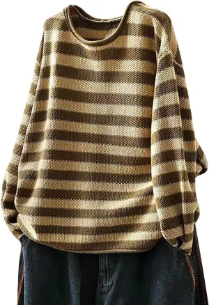 Womens Cotton Striped Sweaters Loose Long Sleeve Round Neck Fit Knit Cozy Pullover Color Block Oversized Fall Tops