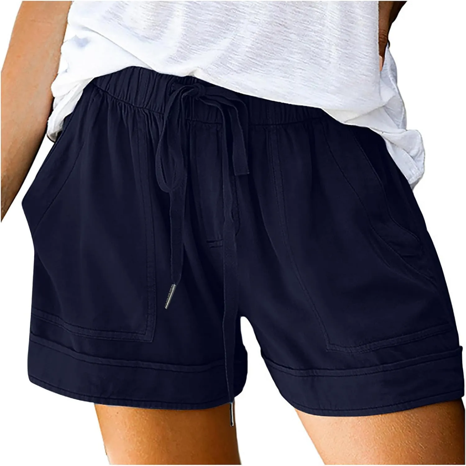 Womens Drawstring Shorts Summer Elastic Waist Casual Lightweight Pants with Pocket Solid Color Workout Trendy Shorts