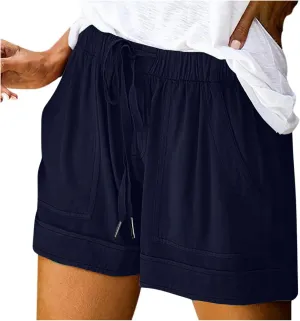 Womens Drawstring Shorts Summer Elastic Waist Casual Lightweight Pants with Pocket Solid Color Workout Trendy Shorts