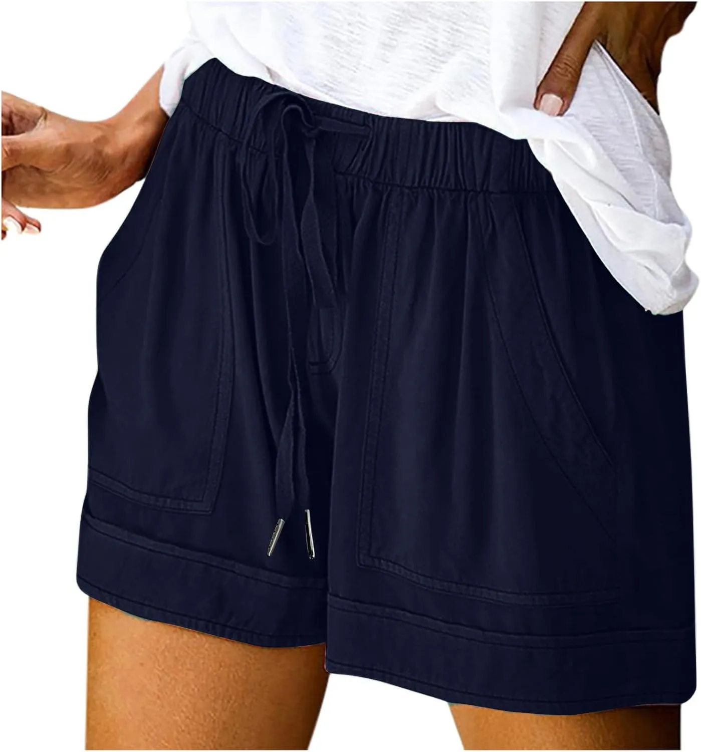 Womens Drawstring Shorts Summer Elastic Waist Casual Lightweight Pants with Pocket Solid Color Workout Trendy Shorts