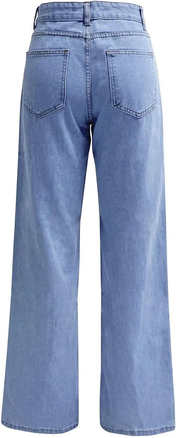 Womens Fall Casual Comfy Straight Leg Jeans Pants High Waisted Long Lounge Pants Baggy Cargo Denim Pants Jeans
