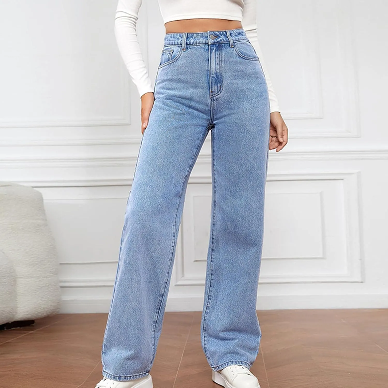 Womens Fall Casual Comfy Straight Leg Jeans Pants High Waisted Long Lounge Pants Baggy Cargo Denim Pants Jeans