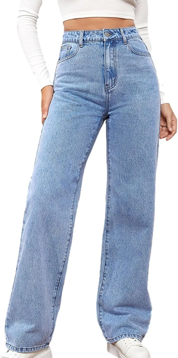 Womens Fall Casual Comfy Straight Leg Jeans Pants High Waisted Long Lounge Pants Baggy Cargo Denim Pants Jeans