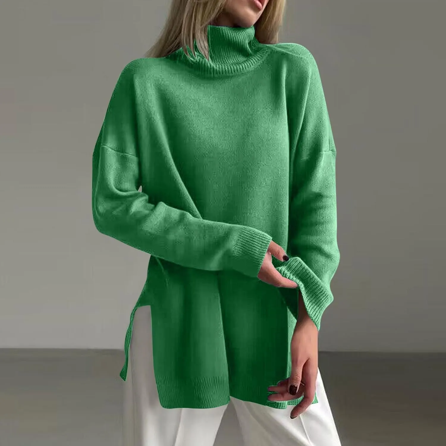 Women's Fall Turtleneck Sweater Casual Long Sleeve Comfy Knit Pullover Tops Side Split Loose Tunics Oversized Shirt