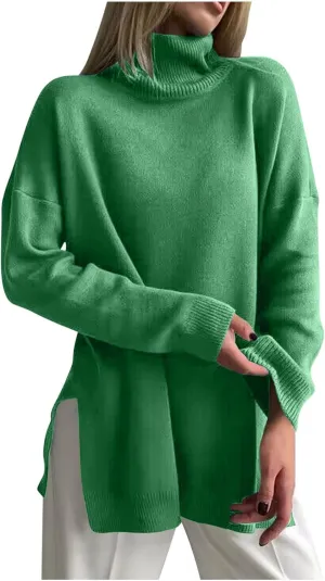 Women's Fall Turtleneck Sweater Casual Long Sleeve Comfy Knit Pullover Tops Side Split Loose Tunics Oversized Shirt