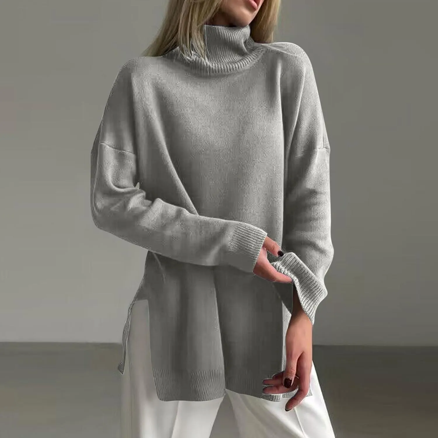 Women's Fall Turtleneck Sweater Casual Long Sleeve Comfy Knit Pullover Tops Side Split Loose Tunics Oversized Shirt