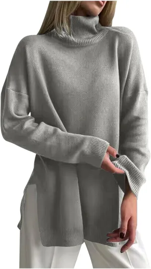 Women's Fall Turtleneck Sweater Casual Long Sleeve Comfy Knit Pullover Tops Side Split Loose Tunics Oversized Shirt