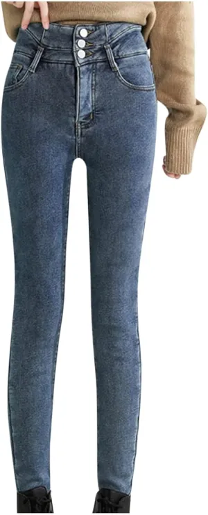 Women's Fleece Lined Jeans Winter Thick Thermal Denim Jeggings Skinny High Waisted Stretch Warm Pants with Pockets