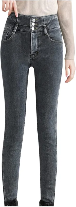 Women's Fleece Lined Jeans Winter Thick Thermal Denim Jeggings Skinny High Waisted Stretch Warm Pants with Pockets