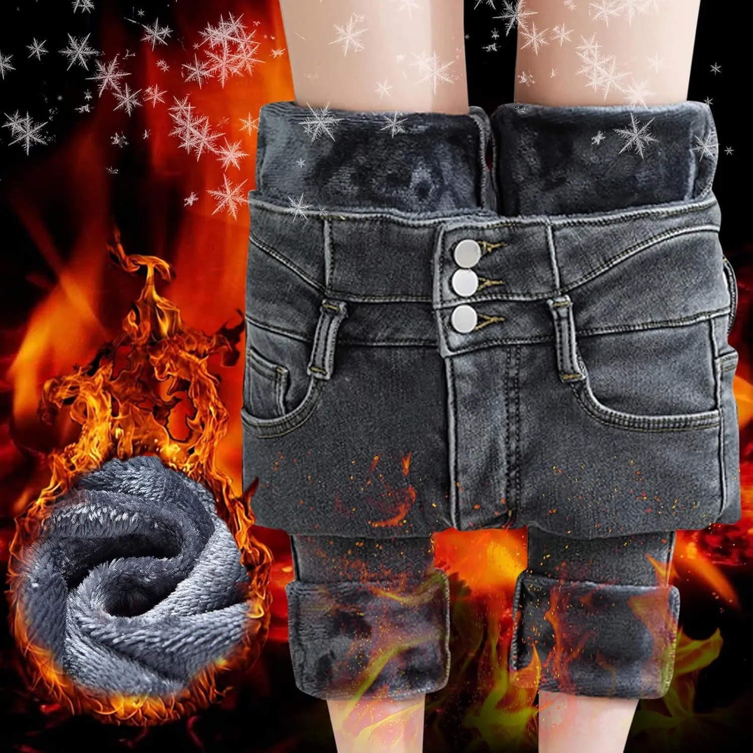 Women's Fleece Lined Jeans Winter Thick Thermal Denim Jeggings Skinny High Waisted Stretch Warm Pants with Pockets