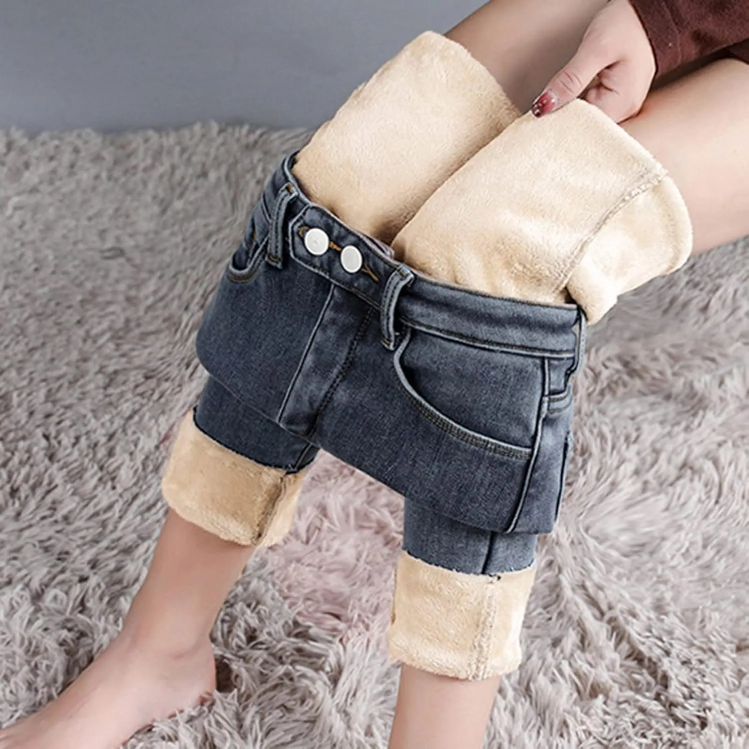 Women's Fleece Lined Jeans Winter Thick Thermal Denim Jeggings Skinny High Waisted Stretch Warm Pants with Pockets