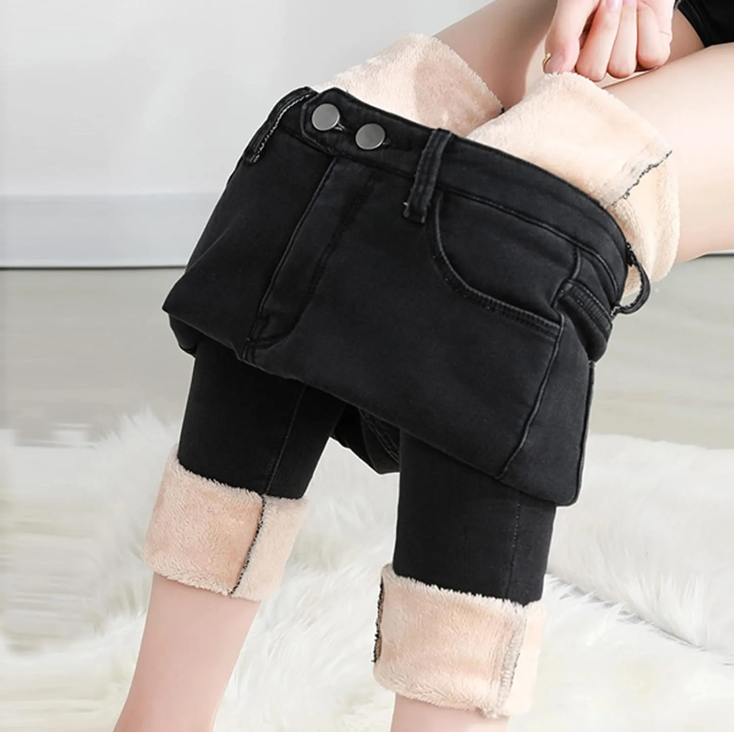 Women's Fleece Lined Jeans Winter Thick Thermal Denim Jeggings Skinny High Waisted Stretch Warm Pants with Pockets